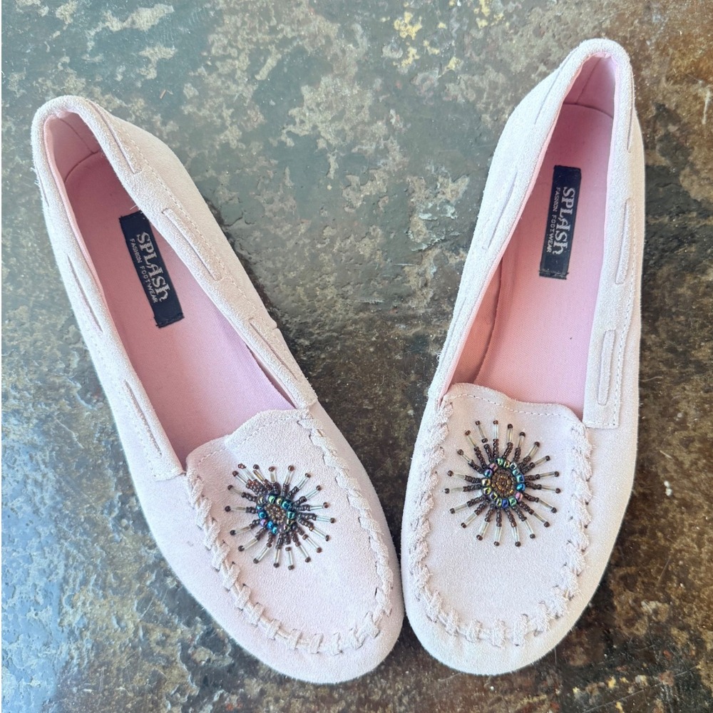Vtg Moccasins Beaded Faux Suede‎ Light Pink Mocs Slip On Boho Loafers Womens 8